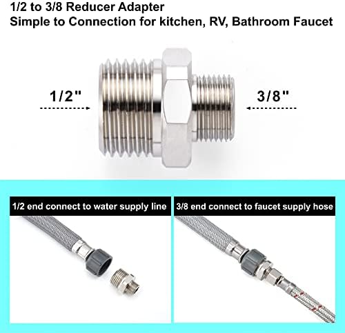 1/2 to 3/8 Reducer Faucet Adapter - Compression Brass Pipe Fitting, 3/8 Male to 1/2 Male Supply Line Adapter for RV Kitchen Plumbing, Water Hose Pipe Connector with Rubber Washer, (2 Pack)