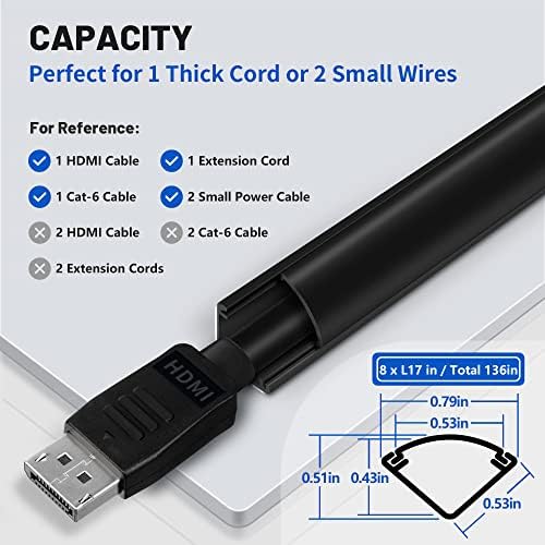 136in Corner Cable Concealer - One-Cord Corner Duct, Paintable Cord Cover, Cable Management Channel for Wall & Floor - 8 X L 17in, Black