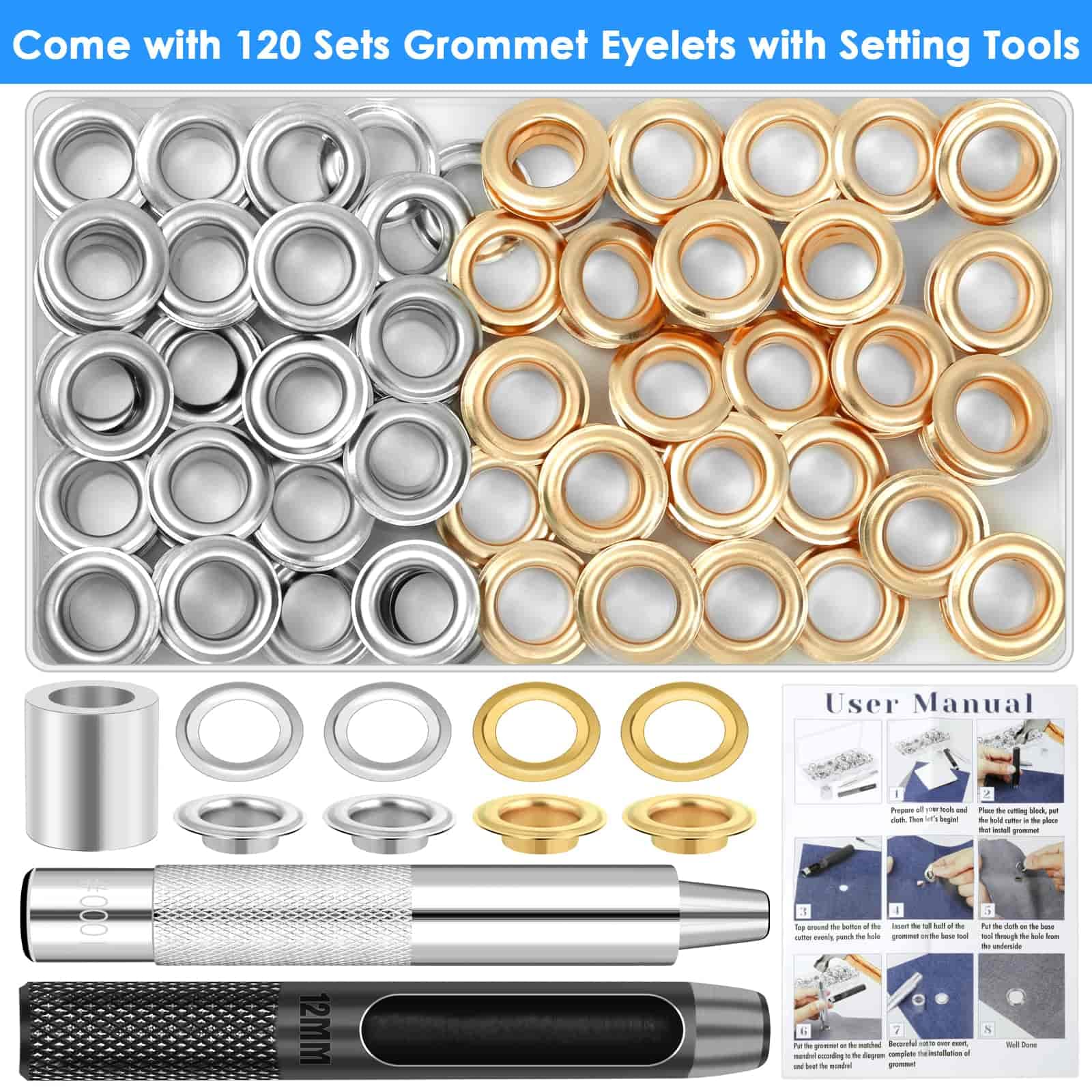 120 Sets Grommet Tool Kit 1/2 Inch, Cridoz Grommet Eyelets Kit with Setting Tools and Storage Box for Fabric, Tarps, Curtains