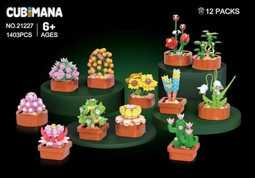 12 Flowers Succulents 3.6MM Mini Building Set - 1403PCS Flower Botanical Collection for Office Home Décor Plant Building Blocks Toy, Gifts for Valentine Mother's Day Birthday Adults Women Kids 10+