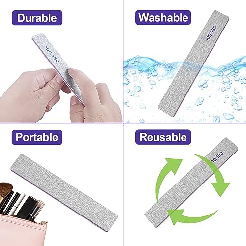 100/180 Grit Nail File (6 Pack), Emery Board Nail Files for Acrylic Nails and Natural Nails, Double Sided Emory Boards Professional Nail Filer Reusable Washable Manicure Square Gray