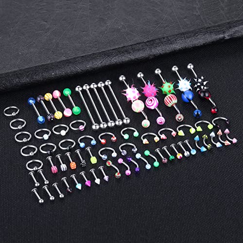 120PCS Body Piercing Kit Surgical Steel 14G 16G 20G BCR CBR Labret Lip Rings Cartilage Daith Earrings Nose Septum Nose Studs Belly Button Rings Piercing Jewelry Needles Gloves Clamps Tools
