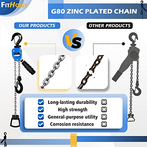 1/4Ton Chain Hoist (2-Pack) 550Lbs Capacity 10ft Lift Small Come Along Alloy Steel G80 Chain 2 Heavy Duty Hooks, Manual Lever Chain Hoist for Garages Warehouse Automotive Machinery