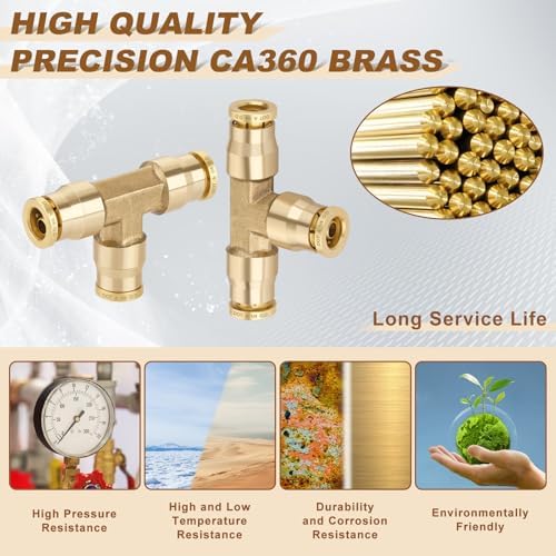 1/4" Quick Push to Connect Fittings Brass Union Tee Shaped Joint DOT Approved 1/4 Inch OD 3 Way Tube Air Line Adapter Air Spring Suspension Kit for Car Truck Trailers and Air Brake System 5pcs