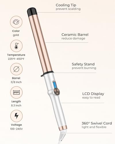 1 1/4 Inch Extra Long Barrel Curling Wand, Ceramic Tourmaline Curling Wand Professional Dual Voltage with Adjustable Temperature