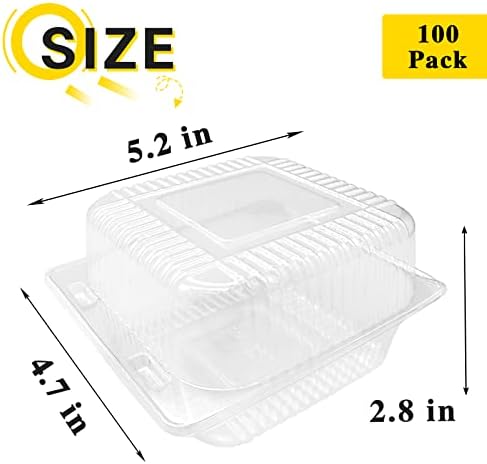 100 Pcs Clear Hinged Plastic Containers with Lids,Individual Cake Slice Containers,Square Plastic Food Container,Disposable Clamshell Take Out Containers for Cakes,Cookies,Pasta,Sandwiches,Salad