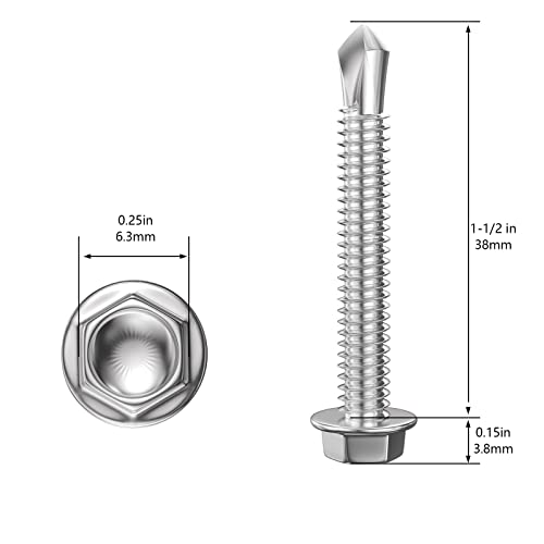 (150Pcs) #8×1-1/2" Hex Washer Head Self Drilling Screws, 410 Stainless Steel Metal SheetScrews，TEK Screws, Self Drilling Screws, Self Tapping Screws,Sheet Metal Screws