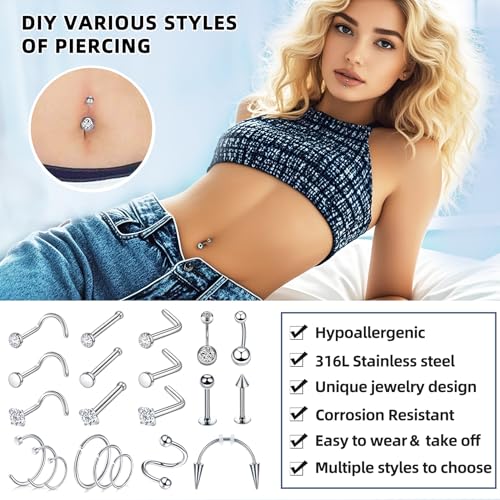110Pcs Piercing Kit for all Body Piercings with Piercing Tools for Eyebrow Nose Ear Septum Belly Button Lip Tongue Cartilage and More with 12G 14G 16G 20G Piercing Needles