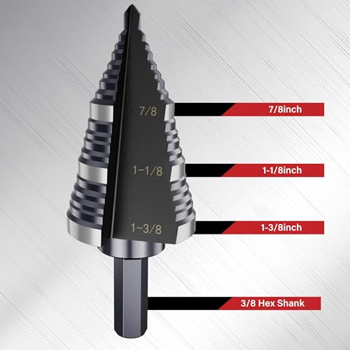 1/4 to 1-3/8 Inch Step Drill Bit, M2 High-Speed Steel Double Fluted Drill bits, Straight Grooved Step Drill Bit for Hole Drilling in Stainless Steel, Copper, Aluminum, Wood, Plastic