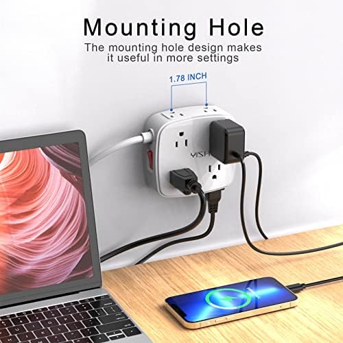 10 Ft Surge Protector Power Strip - YISHU 3 Side Outlet Extender with 8 Widely AC Outlets and 4 USB Ports, 10 Feet Extension Cord with Flat Plug, Wall Mount Desk USB Charging Station, ETL,White