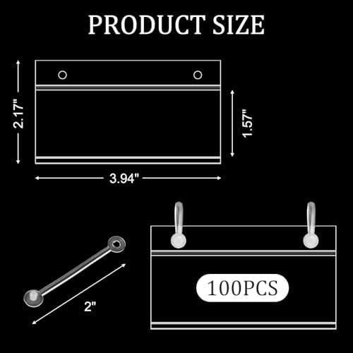 100 Pack Basket Label Holders, Plastic Wire Shelf Label Holders with Double Snap Lock Closure, Reusable Clear Price Tag Holder for Market, Retail Shop, Pantry(About 4" x 1.7")