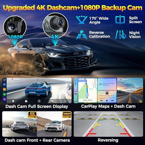 10.26" Wireless Apple CarPlay Android Auto Screen - 4K Dash Cam, GPS Navigation, HD Touchscreen, AirPlay, 1080P Backup Camera, Car Stereo