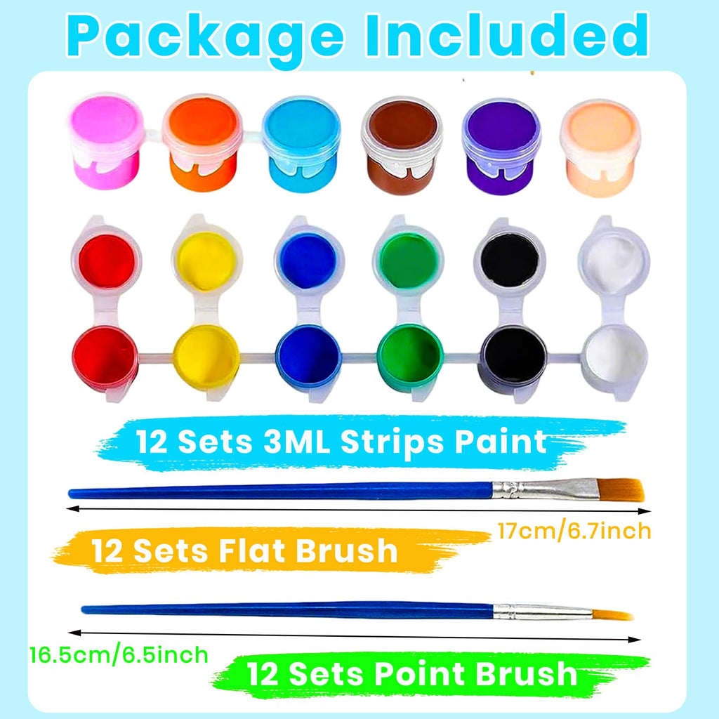 12 Pack Mini Acrylic Paint Set, 12 Colors Washable Acrylic Paint Strips with 24Pcs Painting Brushes for Kids&Adults Paint, 168 PCS Kids Painting Kit for Birthday Party Favor, Classroom, Art Gift