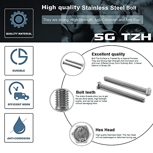 1/2-13 x 6 Hex Head Screw Bolt, 20Pcs 18-8 (304) Stainless Steel, Fully Threaded, Plain Finish, by SG TZH