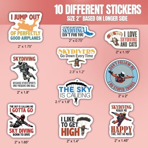 (10pcs) Skydiving Stickers Funny Skydiver Decals Skydiving Skydive Funny Gifts Multiple Different Design, Waterproof, UV- Resistant, Suitable for Tumbler, Laptop, Car, Truck