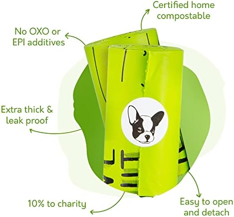 100% Certified Home Compostable Dog Poop Bags - 10% to Charity - ASTM D6400 & EN 13432 Compliant - 120 x Plant Based Compostable Poop Bags (8 Rolls)