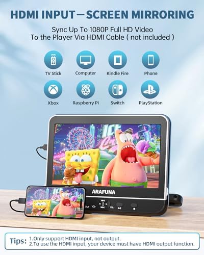10.5" Dual Portable DVD Player with 1080P HDMI Input, Arafuna Car DVD Player Dual Screen Play A Same or Two Different Movies, Headrest DVD Player for Car Support USB/SD, Last Memory