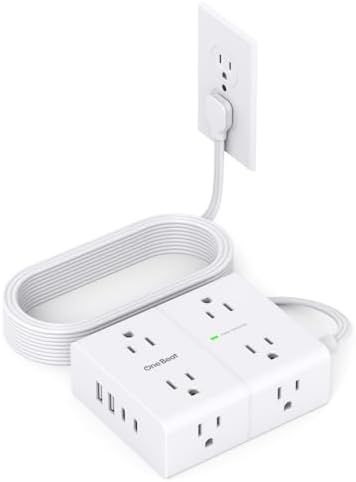 10Ft Extension Cord with Multiple Outlets, Flat Plug Power Strip Surge Protector 10 Ft Long Cord, 8 Outlet 4 USB Ports (2 USB C), Multi Outlet Wall Plug for Home Office, College Dorm Room Essentials