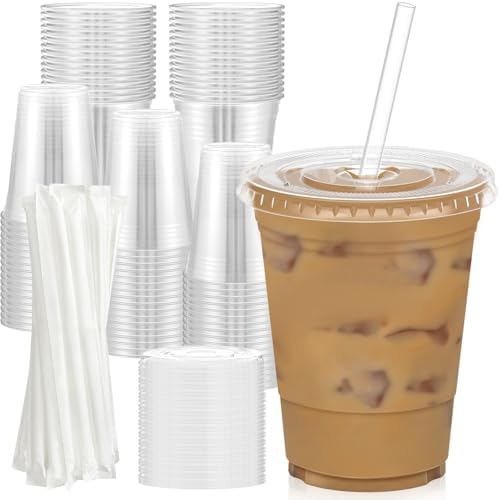 100 Pack - 16 oz Clear Plastic Cups with Lids and Straws, Sturdy & Food Safe Iced Coffee Cups with lids, Iced Coffee Cup, Disposable Cups Plastic Coffee Cups Smoothie Cups for Cold Drinks