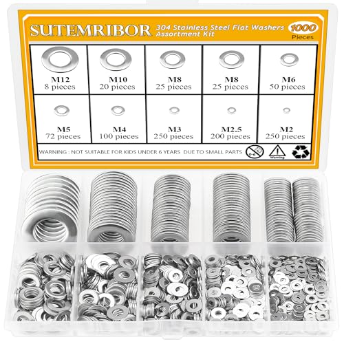 1000 Pieces 9 Sizes 304 Stainless Steel Flat Washers for Screws Bolts, Stainless Steel Washers, Metal Washers, Assorted Washers (M2 M2.5 M3 M4 M5 M6 M8 M10 M12)