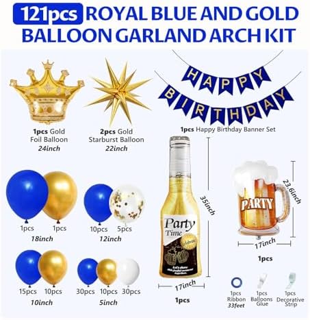 121pcs Royal Blue Gold Birthday Party Decorations with Happy Birthday Banner Foil Balloons for 16th 18th 21st 24th 32th 40th 50th 60th Birthday Decorations for Men