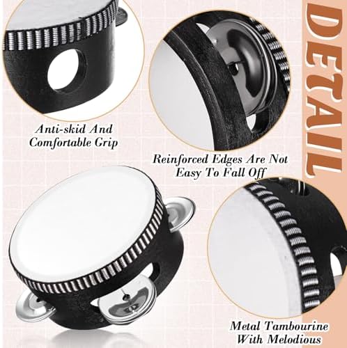 12 Pcs Wedding Tambourine Drum for Adults Hand Held Percussion Gift Wood Metal Jingles Musical Educational Drum Instrument for Church Wedding Party Games(Black,4 Inch)