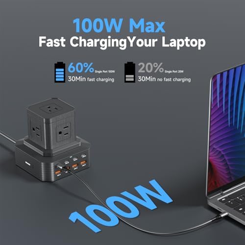 13-in-1 USB C Charging Station 100W | Surge Protector Power Strip with 4 USB-C & 4 USB-A Ports, 5 AC Outlets | 6.6Ft Extension Cord for Home Office, Dorm, Travel (ETL Certified)