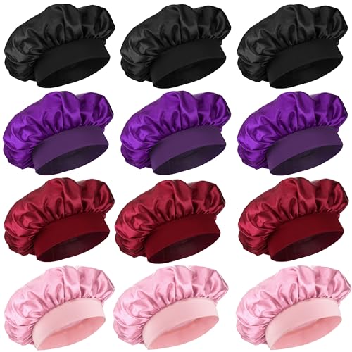 12 Pieces Silk Bonnet for Women Curly Hair Satin Bonnet Hair Wrap for Sleeping Cap with Tie Band (Multicoloured4)