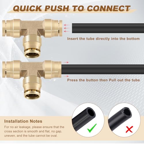 1/4" Quick Push to Connect Fittings Brass Union Tee Shaped Joint DOT Approved 1/4 Inch OD 3 Way Tube Air Line Adapter Air Spring Suspension Kit for Car Truck Trailers and Air Brake System 5pcs