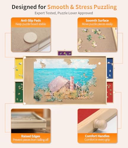 1500 Piece Puzzle Board Pro, 35" x 26" with Drawers, Rubber Cover Mat, Sort-Wise Colorful Felt Drawers & 4 Trays, Wooden Jigsaw Puzzle Table, Birthday Gifts for Mom