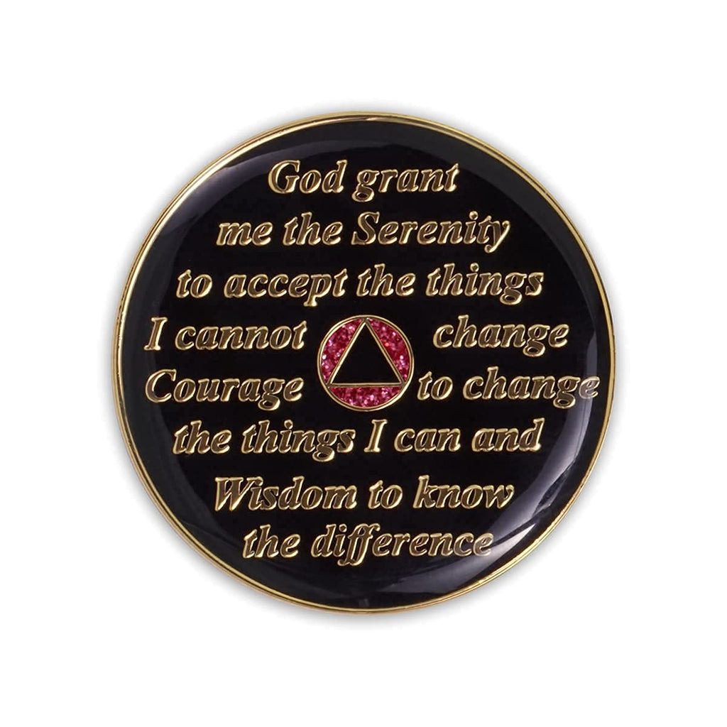 1 Year Sobriety Coin | Glitter Triplate AA Chip Recovery Anniversary Token (Pink)