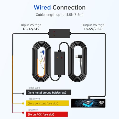 11.5ft Type-C Dash Cam Hardwire Kit (V5F), 12V-24V to 5V 3A Car Dashboard Cam Charger Power Cable with 4 Fuse Taps, Low Voltage Protection for GT801, GT802, S70, S90