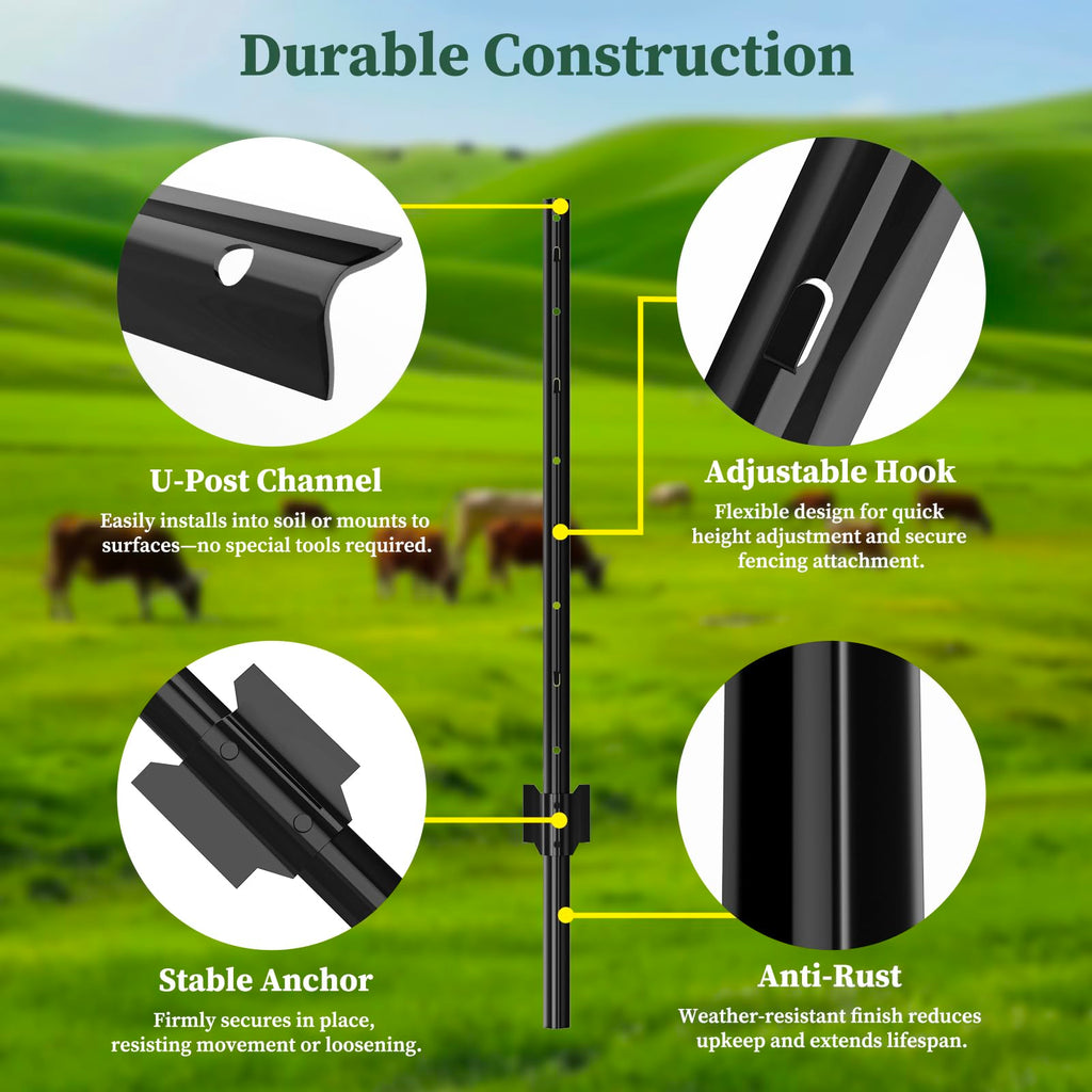 10 Pack Metal Fence Posts, 3ft Heavy Duty U-Post, Black Garden Stakes, No-Dig Post Anchors for Wire Fences, Temporary Fencing, Electric Fence, and Corner Support