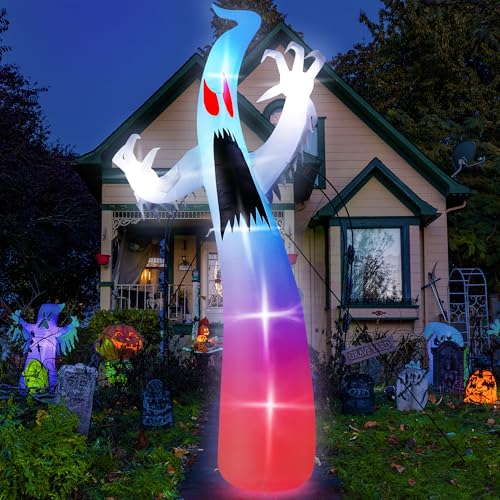 14 FT Halloween Outdoor Inflatables, Giant Scary Ghost Inflatables Decorations, Built-in RGB Color Changing Lights Blow Up Spooky Red Eye Ghost Decor for Lawn Garden Haunted House Outdoor