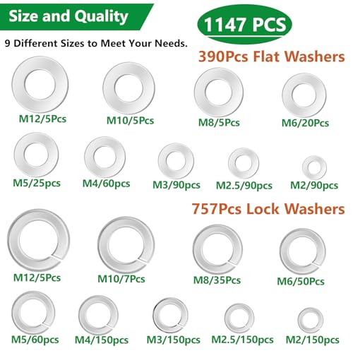 1147PCS Flat and Spring Lock Washers Assortment Kit, Metric Split Lock Washers for Screws Bolts, 304 Stainless Steel, 9 Sizes-M2 M2.5 M3 M4 M5 M6 M8 M10 M12 for Home, Factories, Kitchens, Shops