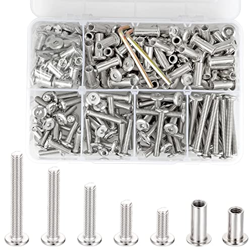 100 Sets M6 Binding Screws Posts Countersunk Rivet Socket Cap - Silver 304 Stainless Steel Hex Connecting Bolts Cap for Baby Bed Furniture, Leather Saddles Purses Belt Repair (M6 Set)