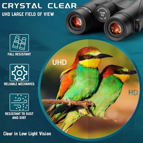 12×50 UHD Binoculars for Adults High Powered with ED Glass- Large View Binoculars with Clear Low Light Vision - Lightweight Waterproof Binoculars for Bird Watching Hunting Stargazing