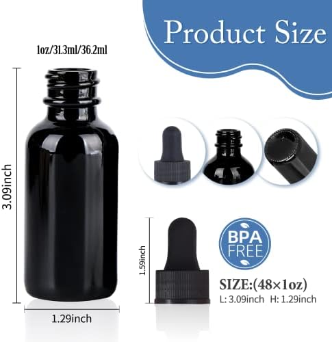 1 oz UV Resistant Dropper Bottle 48 Pack Black Glass Boston Bottles 30ml with Eye Droppers Black Caps for Essential Oils, Perfume, Leak Proof Travel Bottles for Liquids