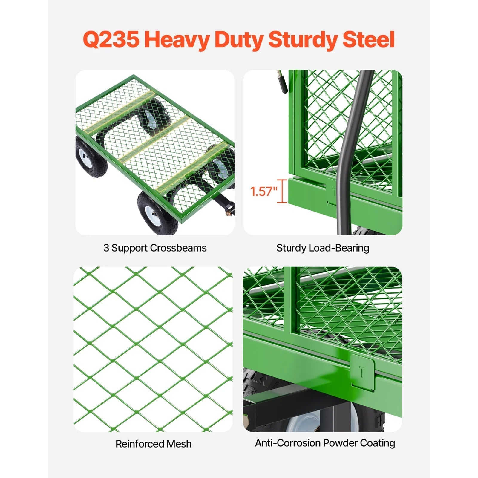 KFFKFF Mesh Steel Garden Cart 900 Lbs, 38 x 22 " Heavy Duty Utility Wagon Cart, Metal Garden Trolley with 10" Wheels, Removable Mesh Sides, 180 Swiveling Handle (Green)