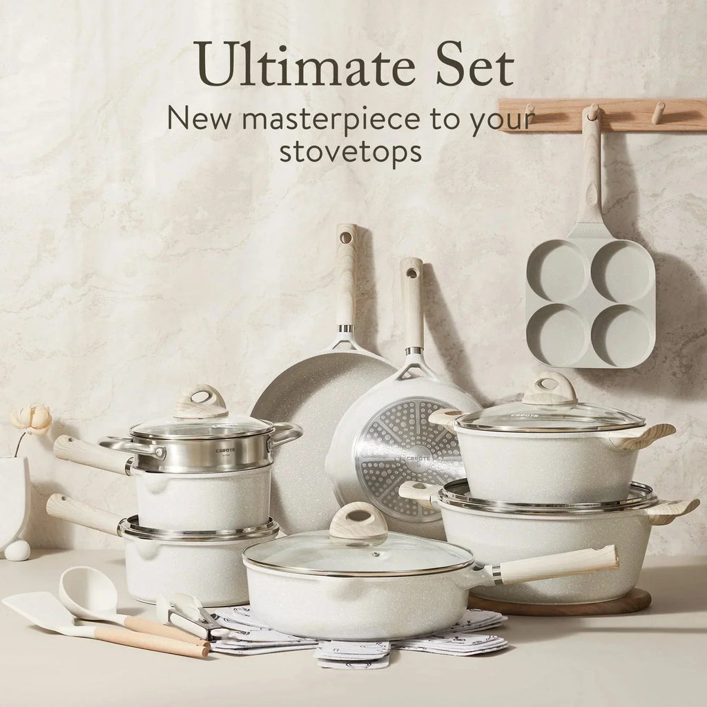 Non Stick Pots and Pans Set, 21 Pcs Induction Kitchen Cookware Sets (Beige Granite)
