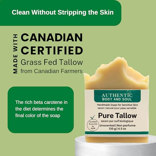 1 Ingredient Organic Tallow Soap for Sensitive Skin - 130 grams each, Pack of 2 - Premium Unscented and Fragrance Free Beef Tallow Skincare, Certified Grass-Fed by AGW (2 Pack Unscented)