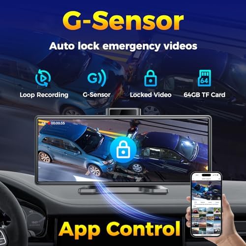 10.26" Wireless Apple CarPlay Android Auto Screen - 4K Dash Cam, GPS Navigation, HD Touchscreen, AirPlay, 1080P Backup Camera, Car Stereo