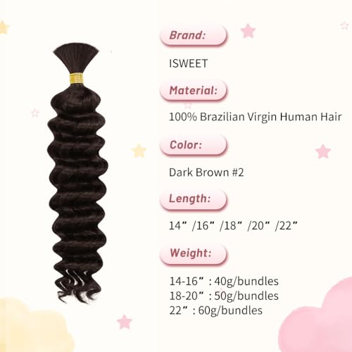 1 Bundle Human Braiding Hair for Boho Braids, 16Inch 40G #2 10A Brazilian Virgin Deep Wave Bulk Human Hair for Braiding, Wet And Wavy No Weft Curly Braiding Hair for Boho Knotless Braids