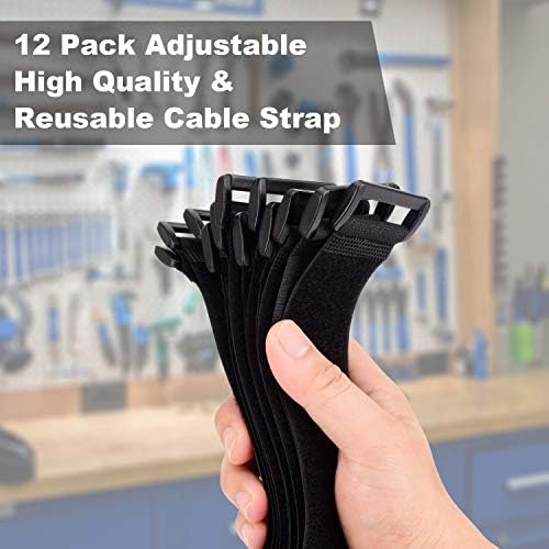 1.5 x 24 Inch Hook and Loop Cable Tie, 12 Pack Heavy Duty Adjustable Fastening Adhesive Cinch Strap with Plastic D-ring Buckle, Multi-Purpose Reusable Cord Organizer by Cacturism