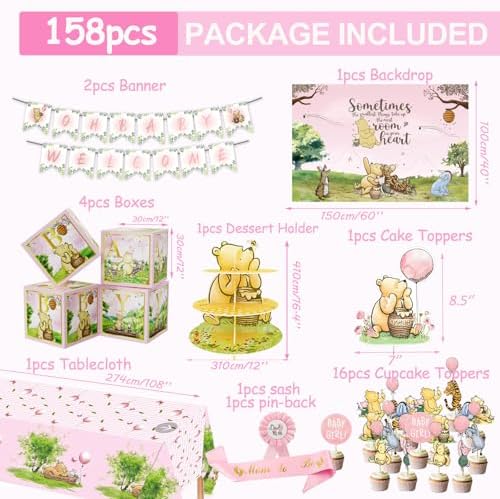 158pcs Pink Classic Winnie Baby Shower Decorations Kit, Vintage Winnie Party Supplies Decorations, Classic Pooh Backdrop Cake Topper, Winnie Baby Tablecloth Box Decorations for Girl Boy Baby Shower