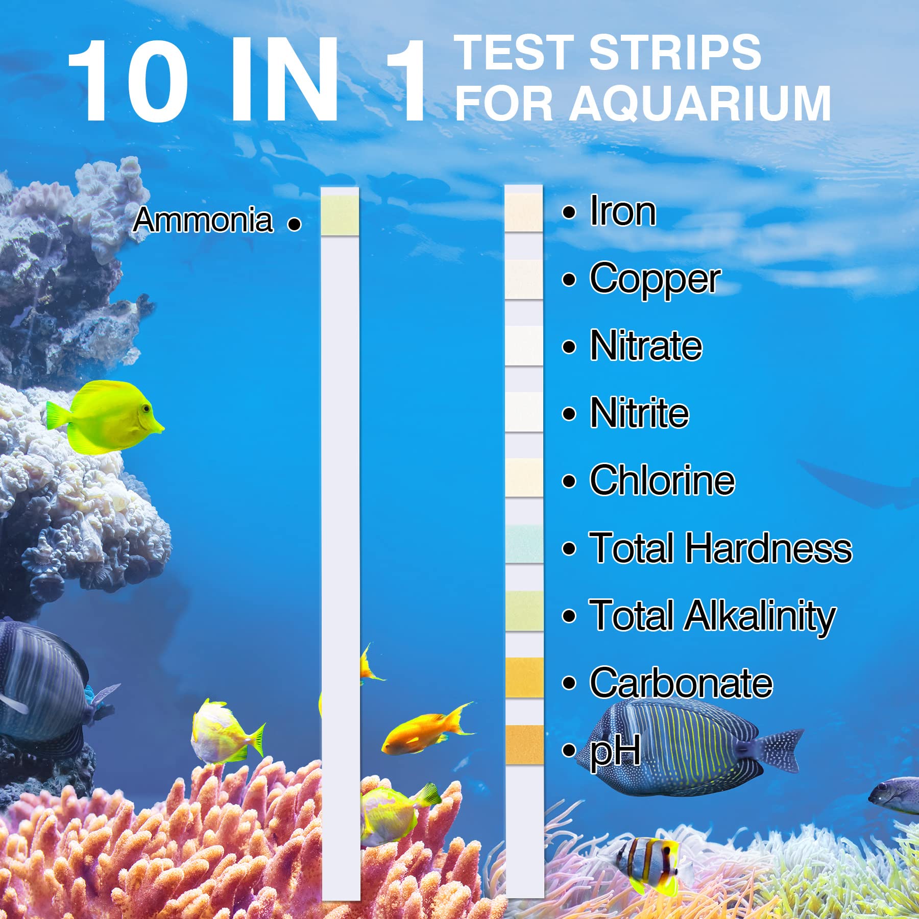 10 in 1 Ammonia Test Kit for Aquarium, 150ct Aquarium Ammonia Test Strips Freshwater Saltwater, Fish Tank Aquarium Test Strips Kit - Testing Ammonia and 9 More !