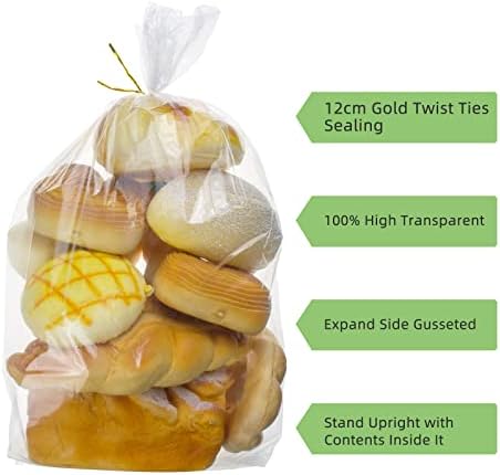 150 Piece Bread Loaf Bags - 8" x 18" Clear Gusseted Poly Bags with Free Twist Ties…