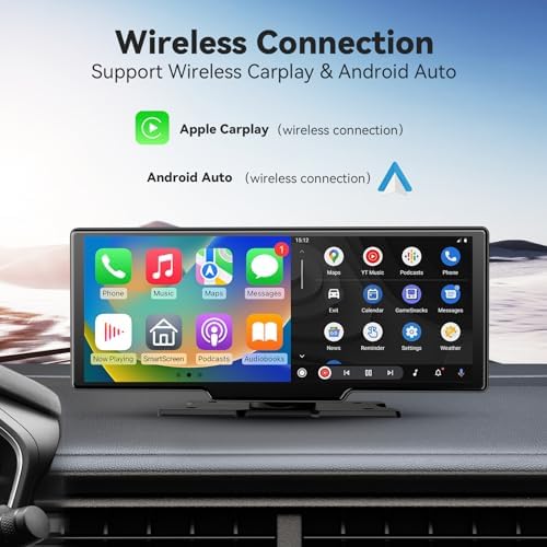 10.26" Portable Wireless Carplay Screen, 4K Mirror Dash Cam Carplay & Android Auto Screen, 1080P Backup Camera, HD IPS Screen, Loop Recording, Bluetooth, GPS Navigation, AUX/FM, Siri