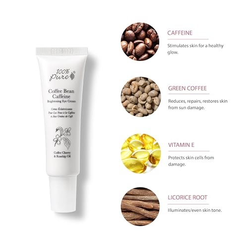 100% PURE Coffee Bean Caffeine Eye Cream Refresh & Hydrate Under Eye Treatment Reduce Puffiness, Dark Circles, Wrinkles with Green Tea, Rose Hip, Vitamin E - Youthful Vibrant Eyes - Vegan - 1 oz