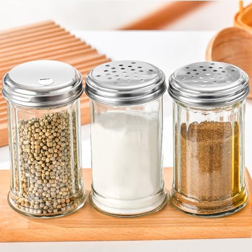 12 oz Retro Style Glass Sugar Shakers Dispenser, Glass Jar, Sugar Shaker, Stainless Steel Pour-Flap Lid, For Sugar，Cinnamon，Bee Pollen，pepper and other spices ，1 Pack
